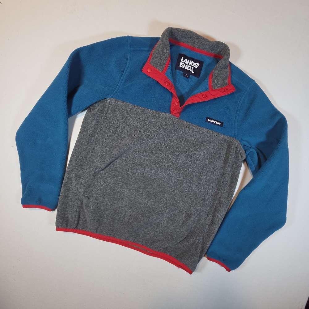 Lands End Fleece Pullover Mens Large Blue Quarter Snap Colorblock‎